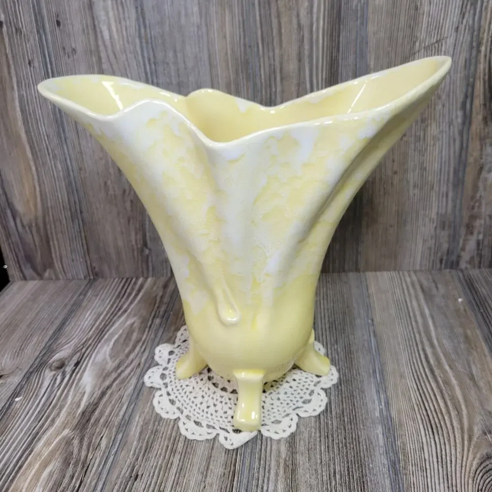Vintage Brush Pottery USA 923 Yellow Drip Glaze Footed Large Flared Vase McCoy